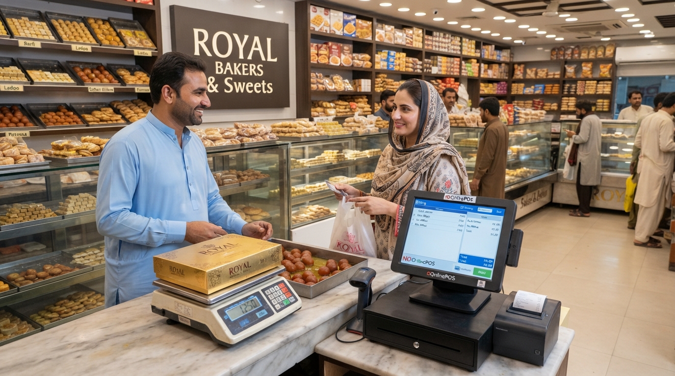 A bakery counter billing customers on onlinePOS
