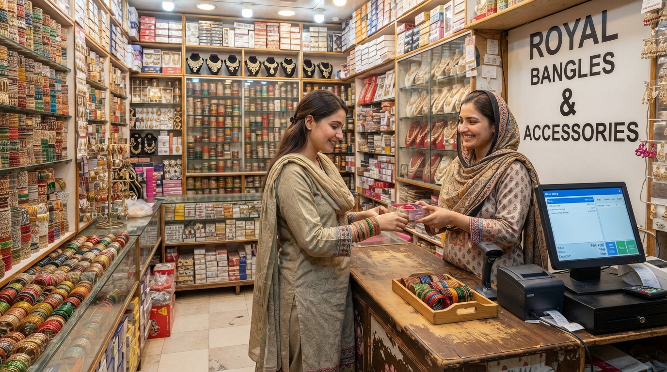 A bangles shop owner billing a customer on onlinePOS
