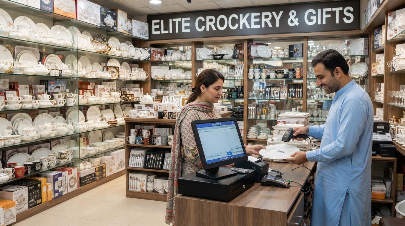 A crockery shop owner billing a customer on onlinePOS