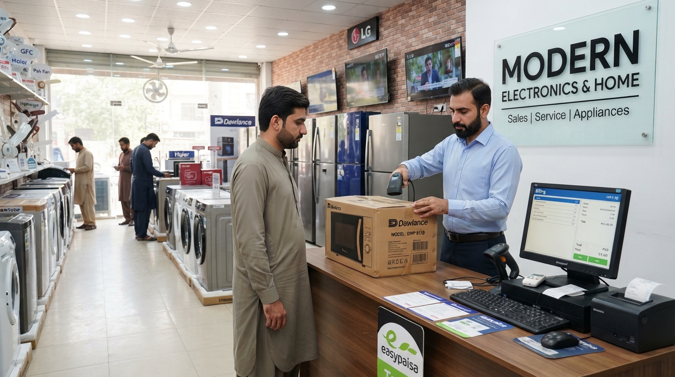 An electronics shop owner billing an appliance on onlinePOS
