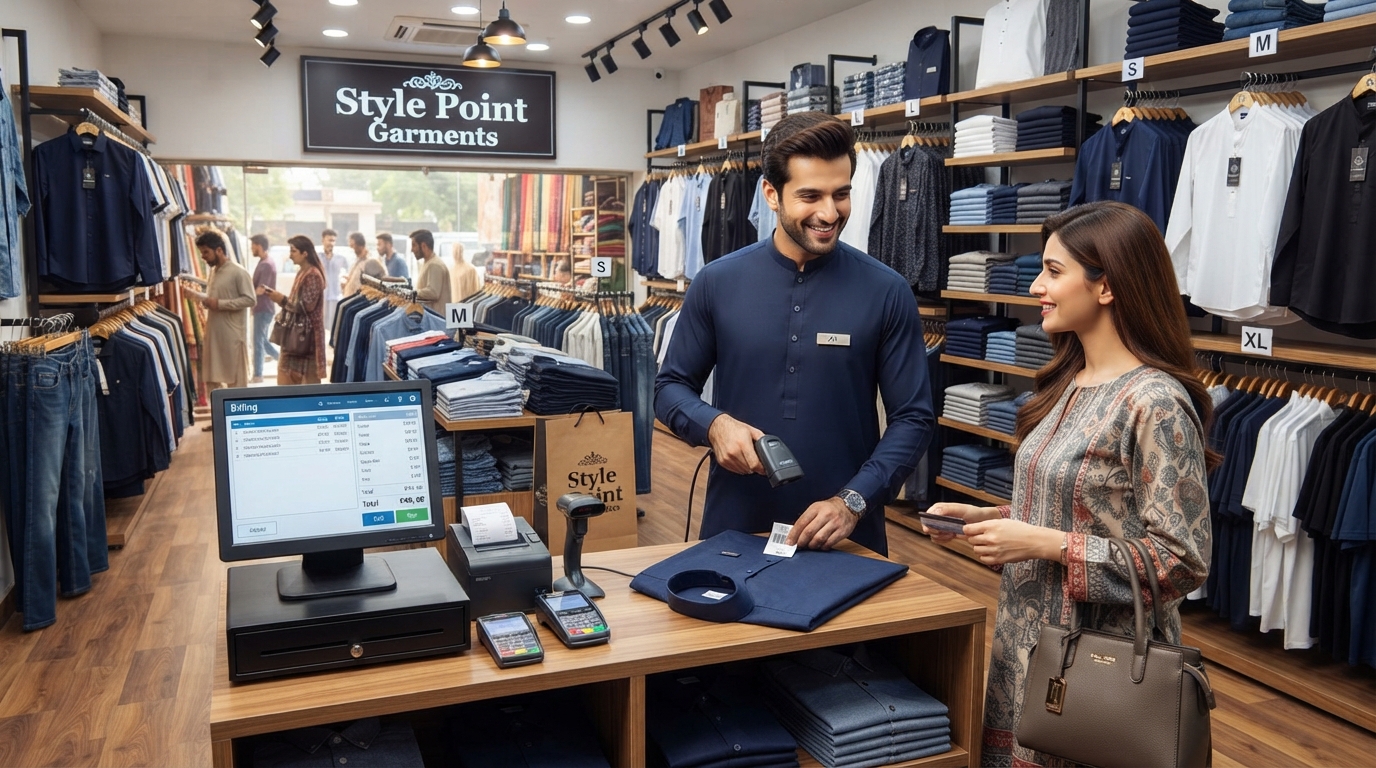 A garments store owner billing a customer on onlinePOS