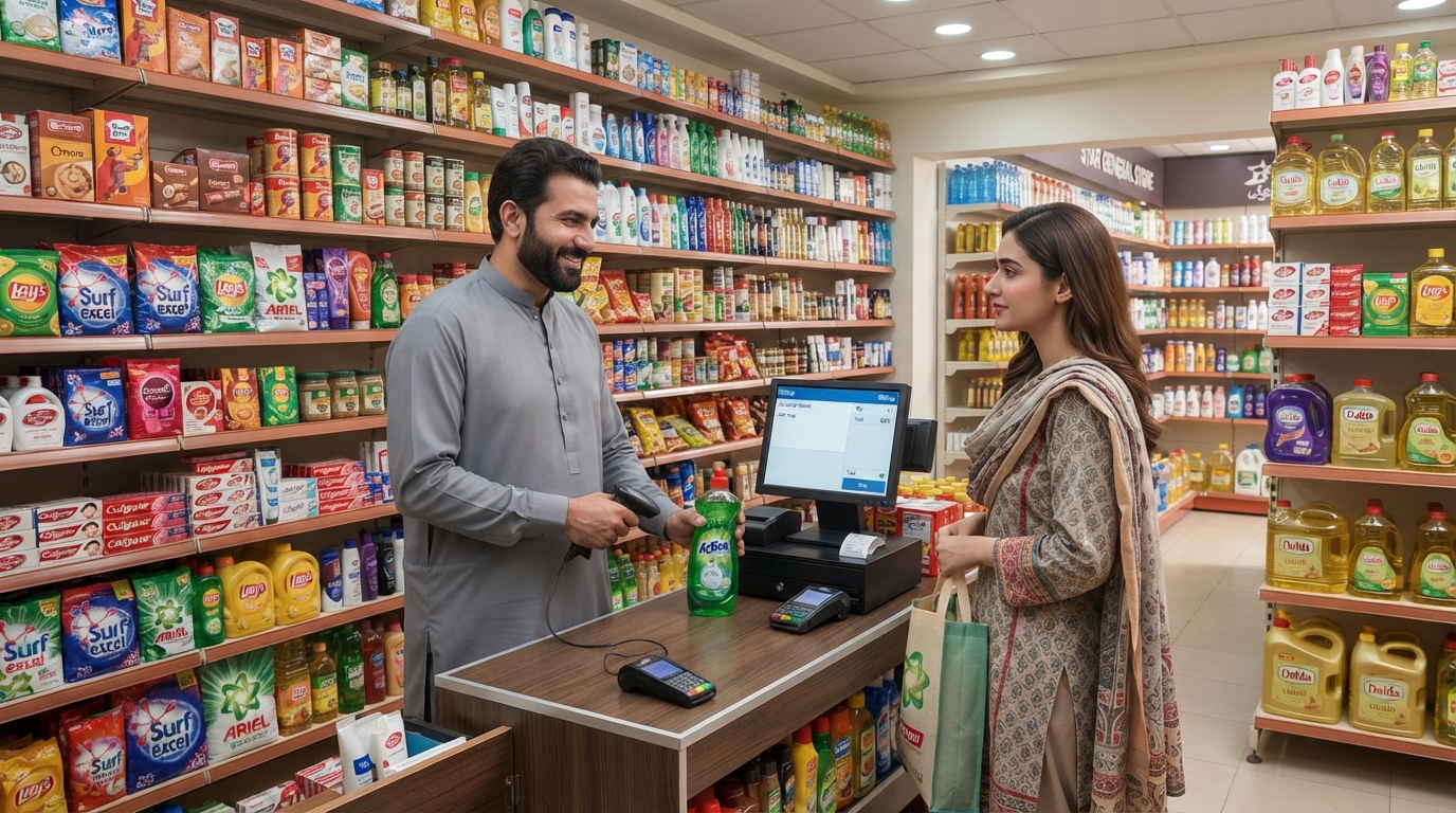 A general store owner billing a customer on onlinePOS