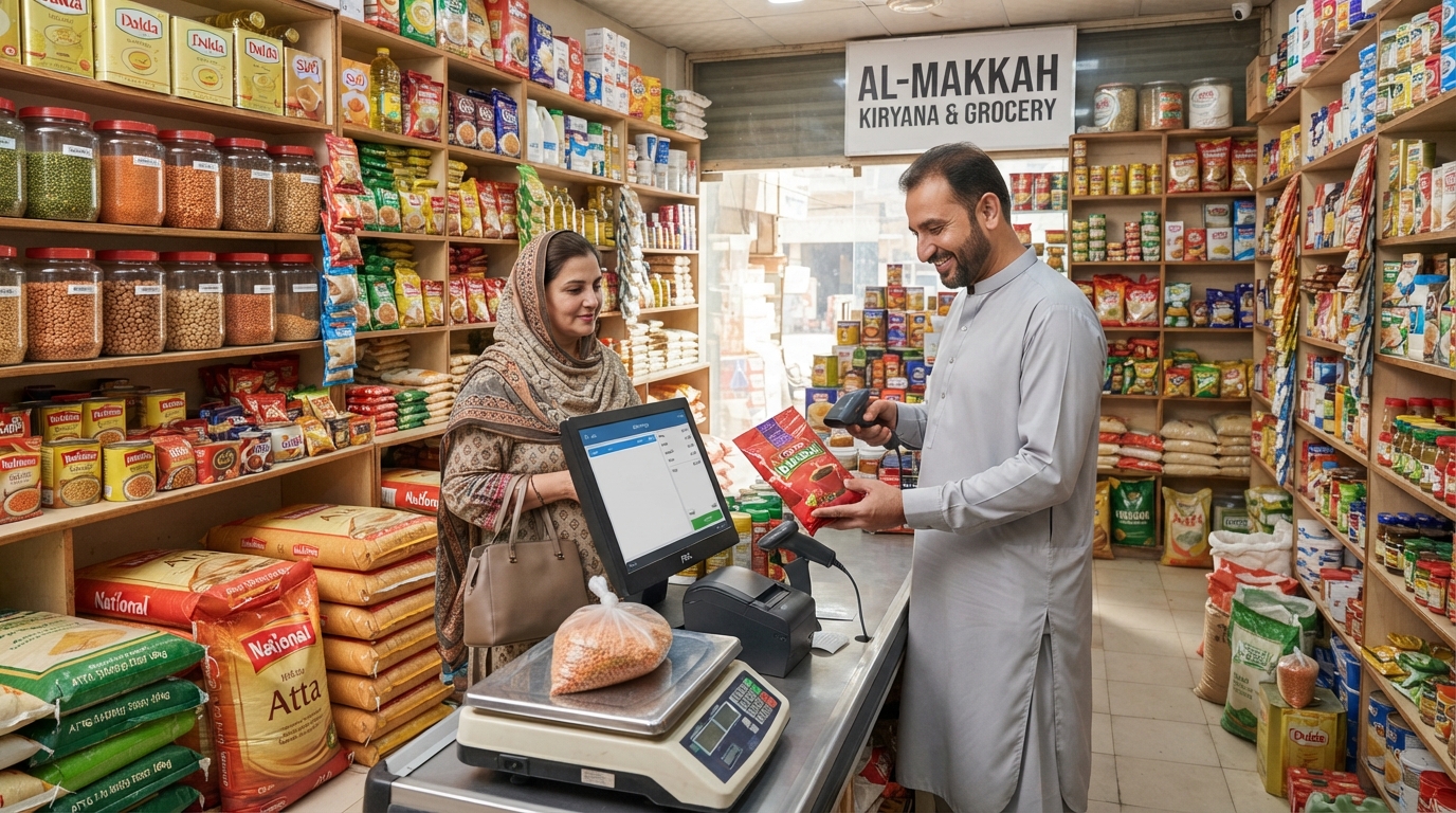 A kiryana store owner billing a customer on onlinePOS