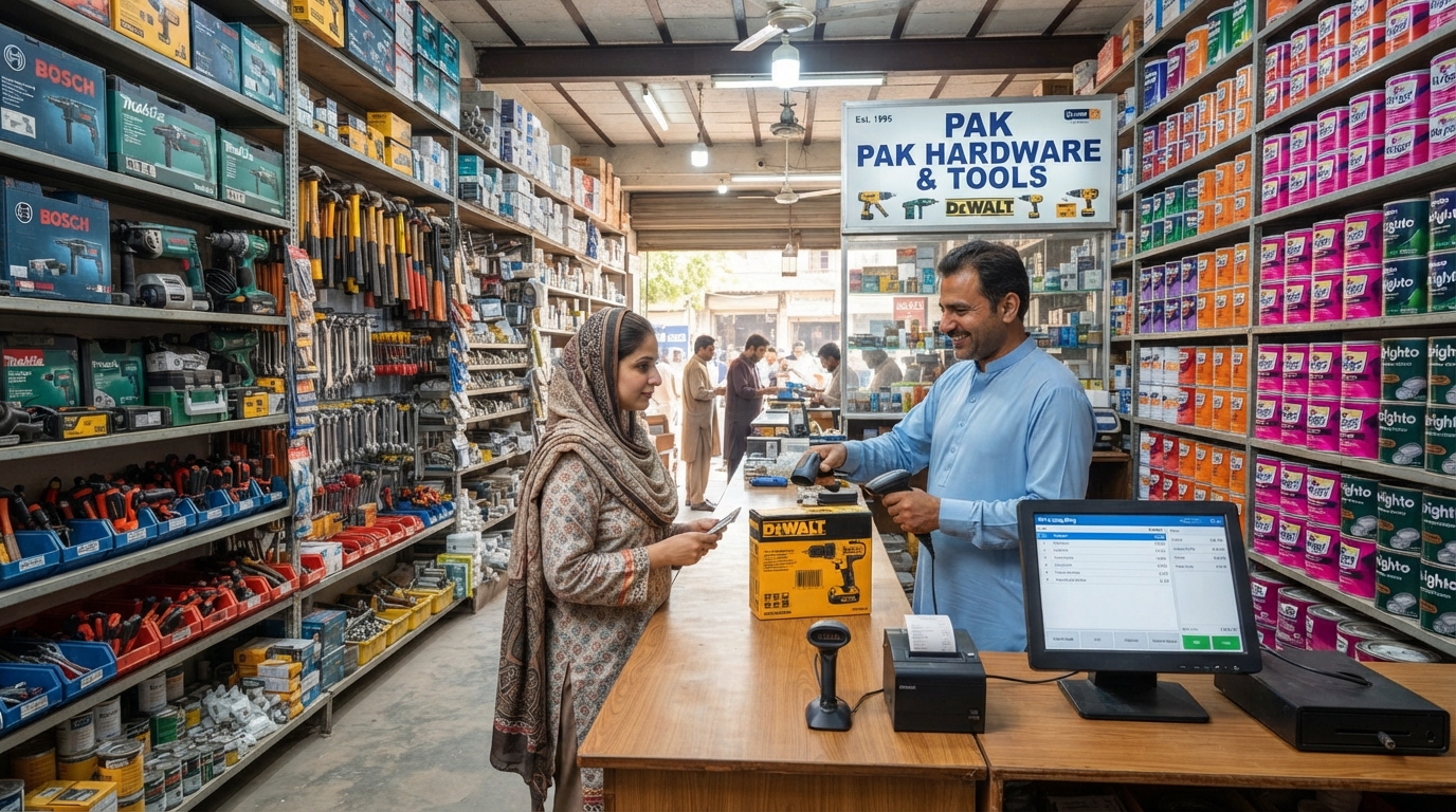 A hardware shop owner billing a contractor on onlinePOS