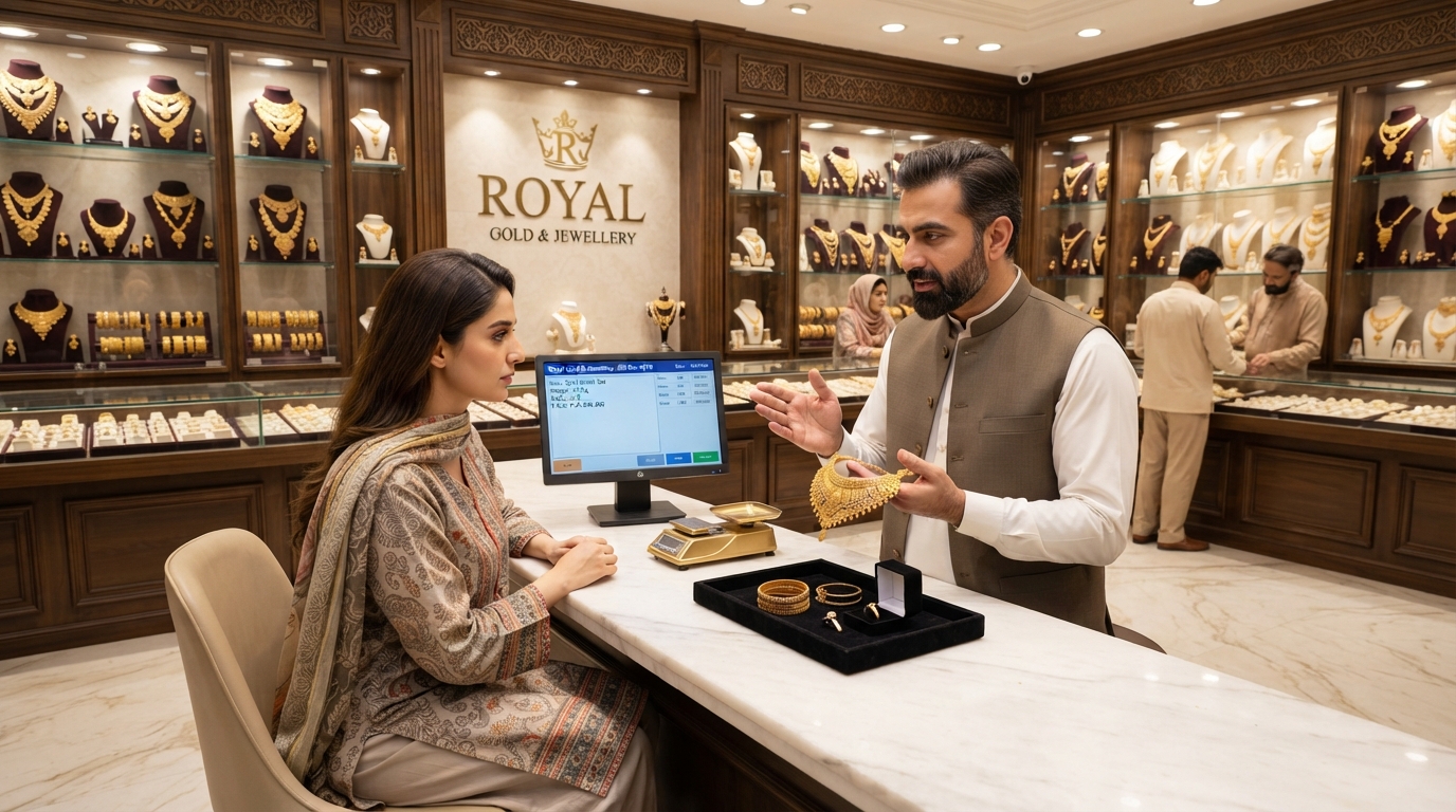 A jeweller weighing and billing gold on onlinePOS