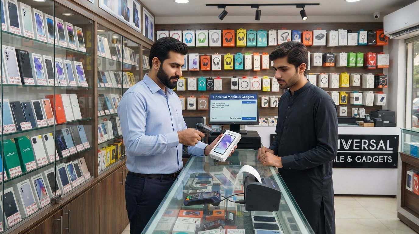 A mobile shop owner recording an IMEI on onlinePOS