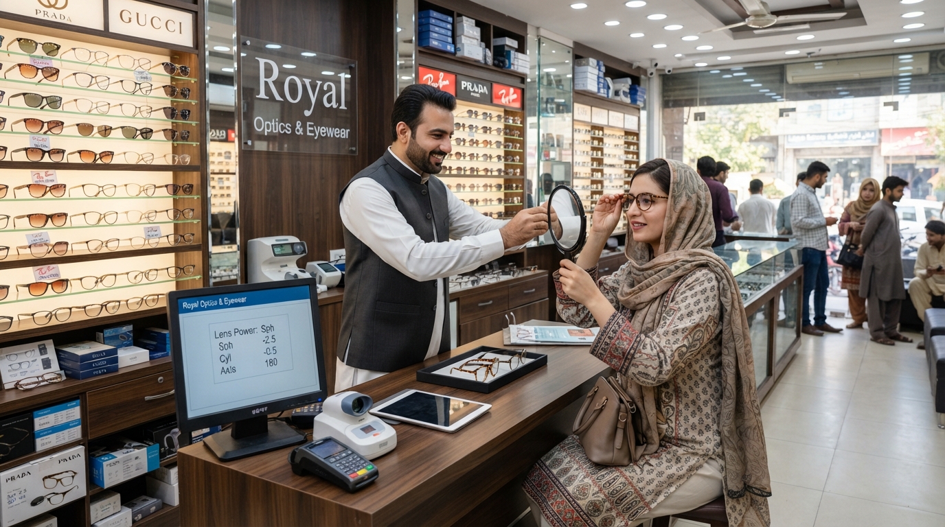 An optical shop owner recording a prescription on onlinePOS