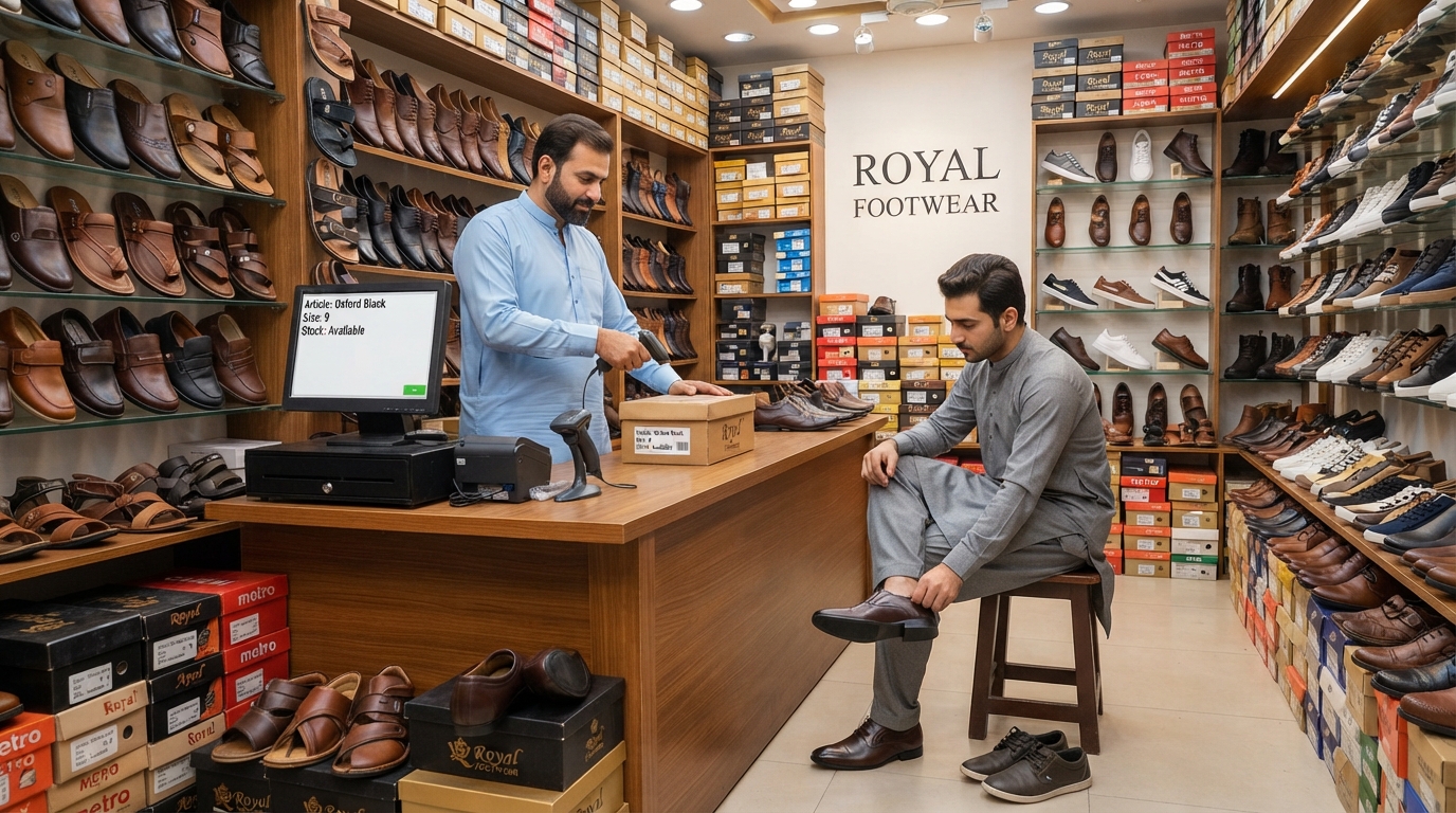 A shoe shop owner checking size-wise stock on onlinePOS