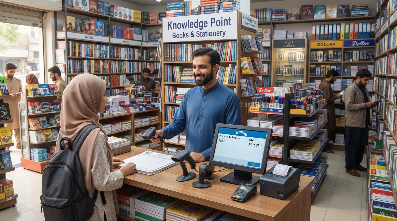 A stationery shop owner billing school books on onlinePOS