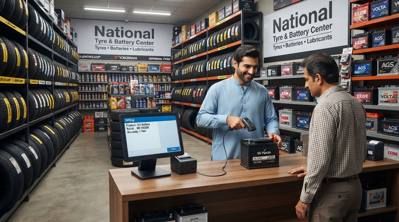 A tyre shop owner billing a customer on onlinePOS