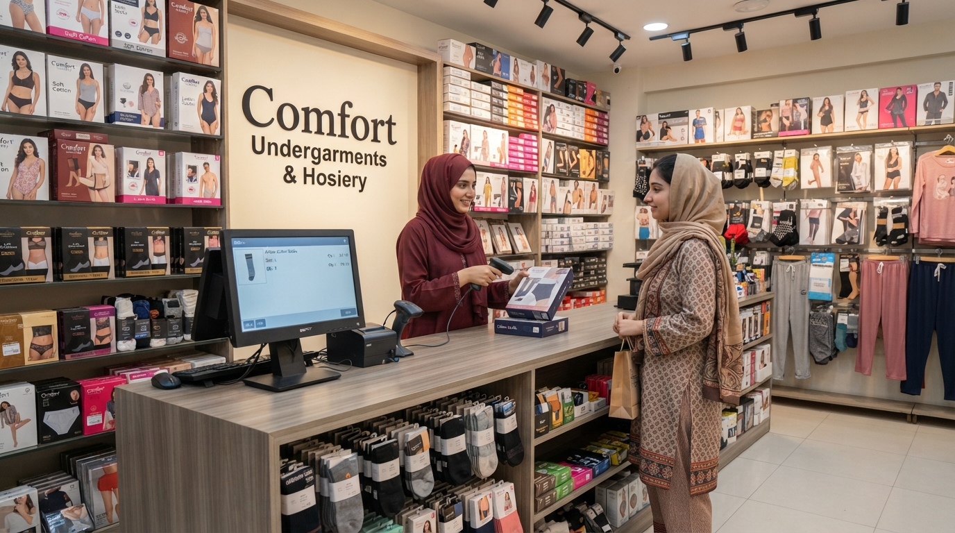 An undergarments shop counter billing customers on onlinePOS